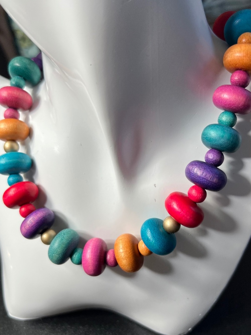 Vintage Rainbow Confetti Tribal Ethnic Festival Colorful Wooden Bead Necklace